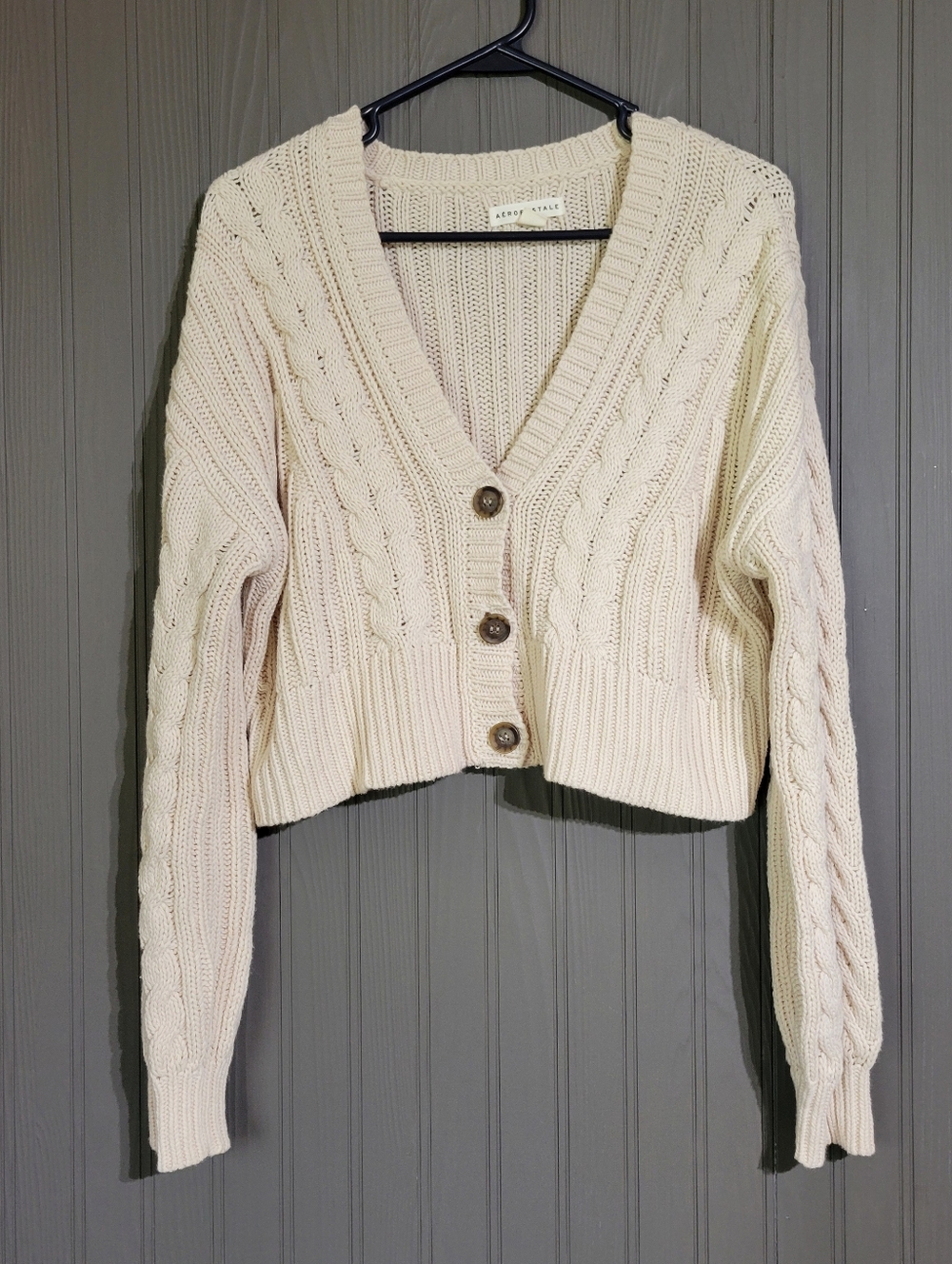 Aeropostale Cropped Cable Knit Sweater Cream Button Down Long Sleeve Women's SM